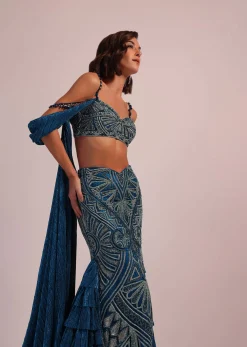 Dark Blue Fish Cut Bridal Lehenga Set In Net With Attached Cape