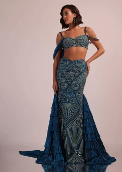 Dark Blue Fish Cut Bridal Lehenga Set In Net With Attached Cape