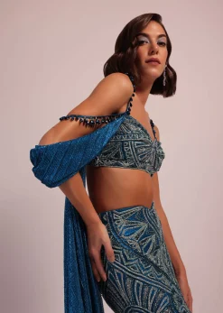 Dark Blue Fish Cut Bridal Lehenga Set In Net With Attached Cape