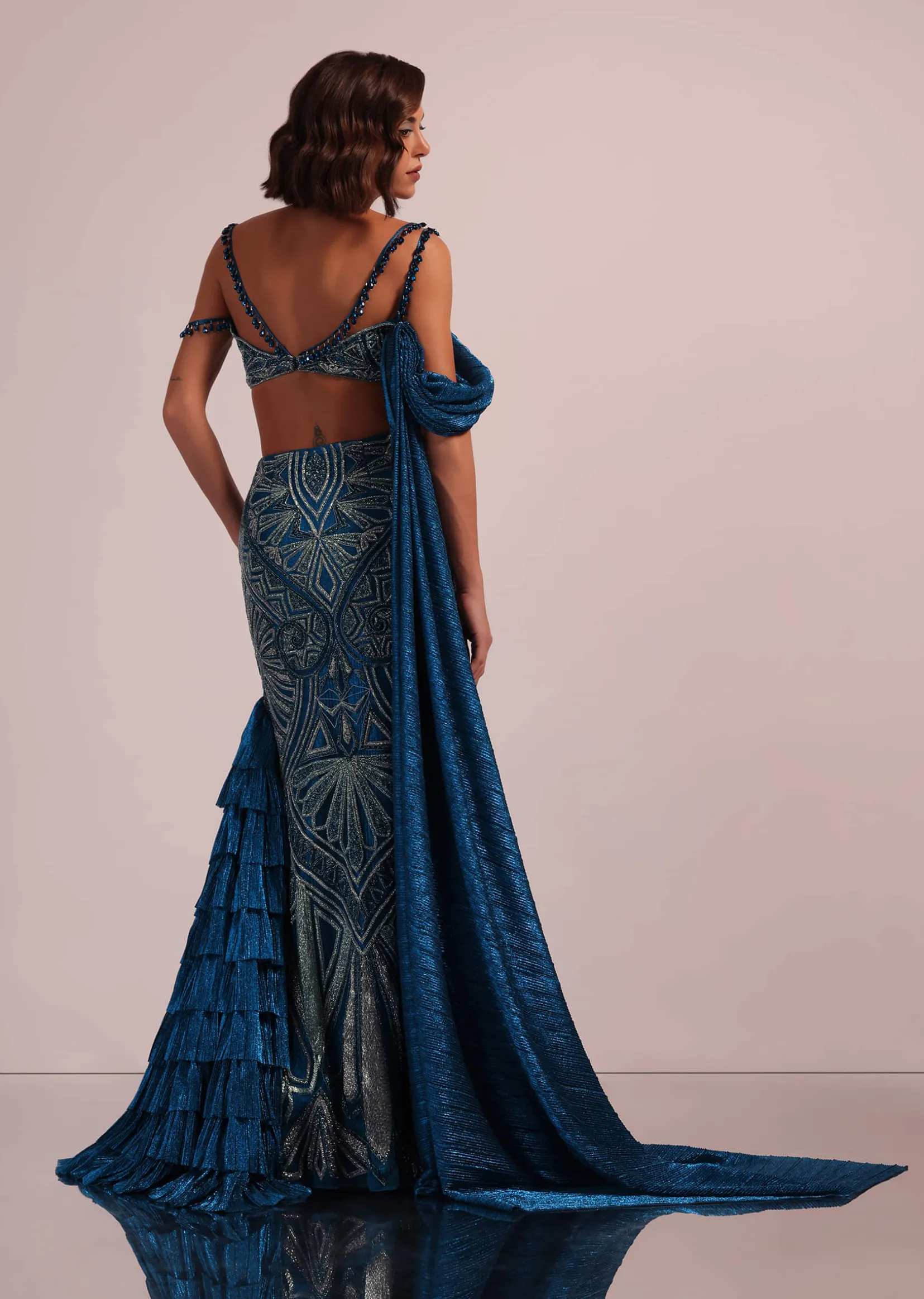 Dark Blue Fish Cut Bridal Lehenga Set In Net With Attached Cape