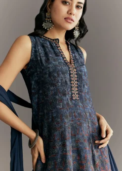 Dark Blue Silk Printed Kurta Palazzo With Gotta Lace Dupatta