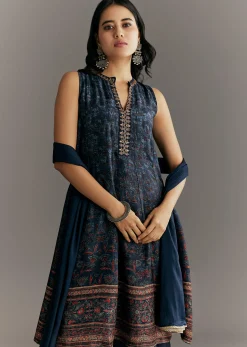 Dark Blue Silk Printed Kurta Palazzo With Gotta Lace Dupatta