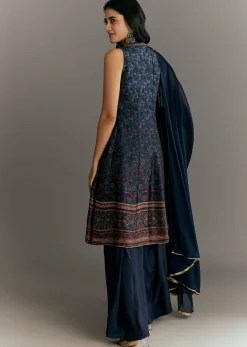 Dark Blue Silk Printed Kurta Palazzo With Gotta Lace Dupatta