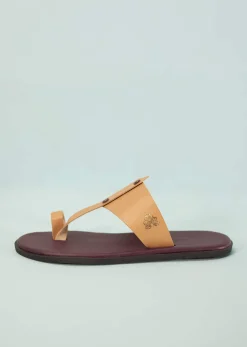 Dark Brown And Beige White Strappy Slides For Men In Leather With Buttons