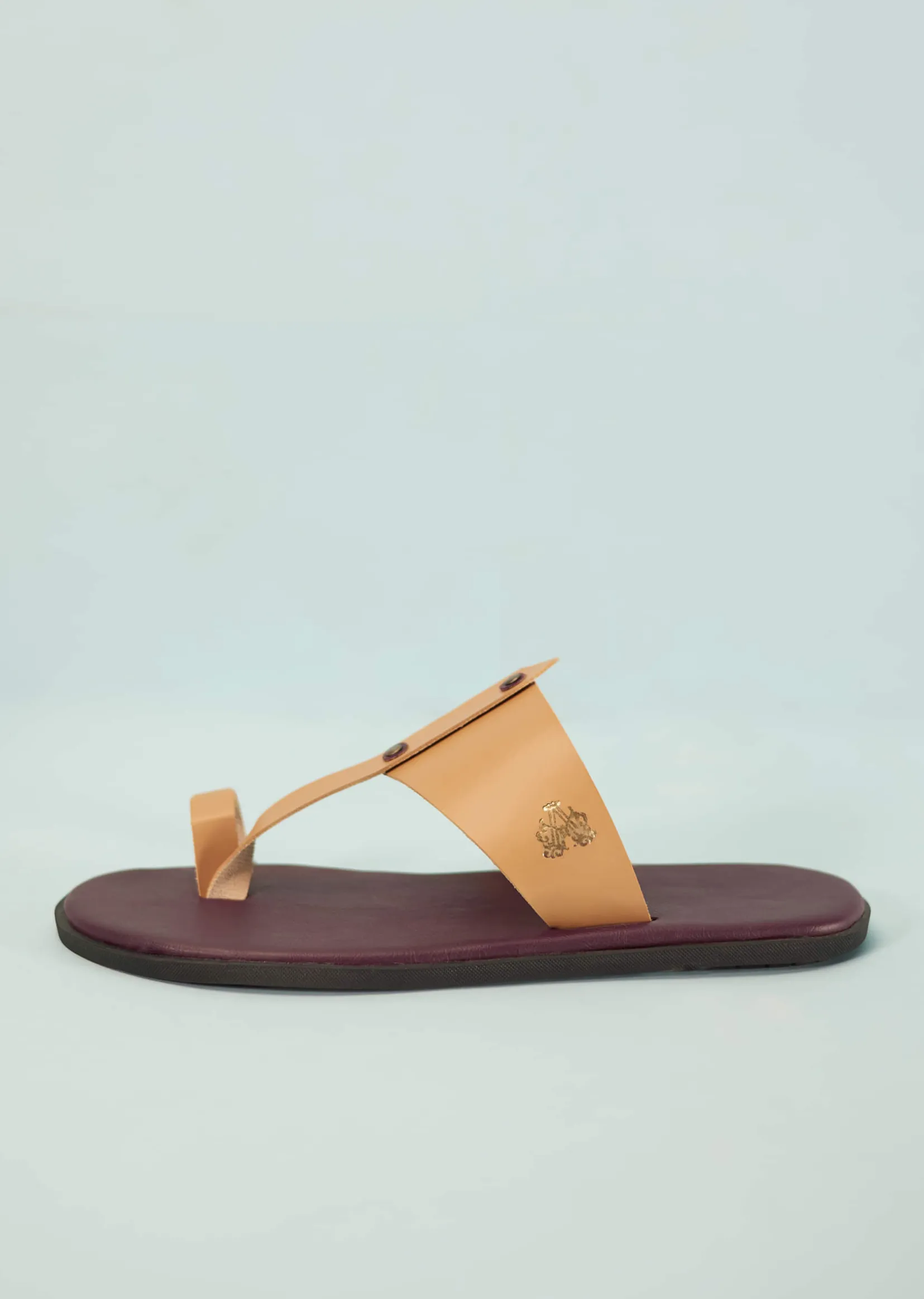 Dark Brown And Beige White Strappy Slides For Men In Leather With Buttons