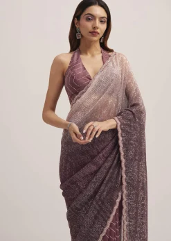 Dark Brown Dual Shaded Sequins Saree With Scalloped Border
