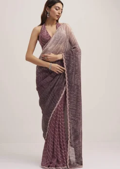 Dark Brown Dual Shaded Sequins Saree With Scalloped Border