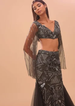 Dark Brown Embroidered Lehenga With Fish Cut And Net Feather Scarf