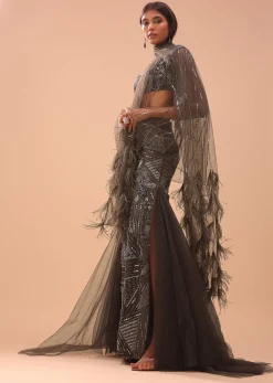 Dark Brown Embroidered Lehenga With Fish Cut And Net Feather Scarf