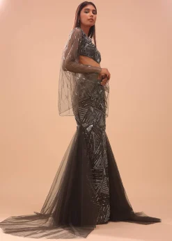 Dark Brown Embroidered Lehenga With Fish Cut And Net Feather Scarf