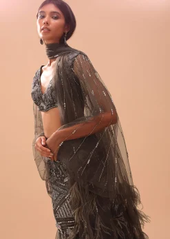 Dark Brown Embroidered Lehenga With Fish Cut And Net Feather Scarf