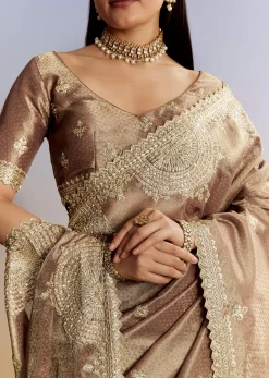 Dark Brown Jacquard Tissue Saree With Zigzag Zardosi Border