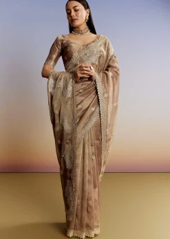 Dark Brown Jacquard Tissue Saree With Zigzag Zardosi Border