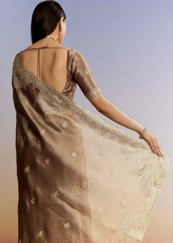 Dark Brown Jacquard Tissue Saree With Zigzag Zardosi Border