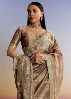 Dark Brown Jacquard Tissue Saree With Zigzag Zardosi Border