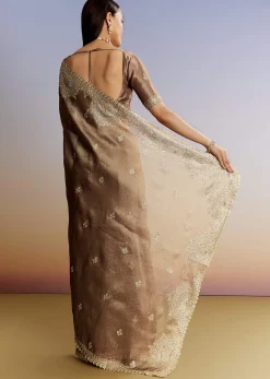 Dark Brown Jacquard Tissue Saree With Zigzag Zardosi Border
