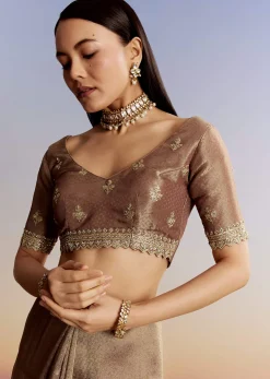 Dark Brown Jacquard Tissue Saree With Zigzag Zardosi Border