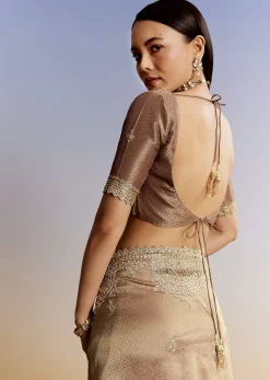 Dark Brown Jacquard Tissue Saree With Zigzag Zardosi Border