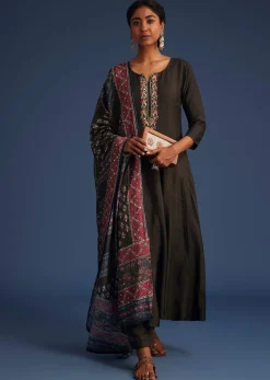 Dark Brown Silk Anarkali Set With Ajrakh Print Dupatta