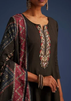 Dark Brown Silk Anarkali Set With Ajrakh Print Dupatta