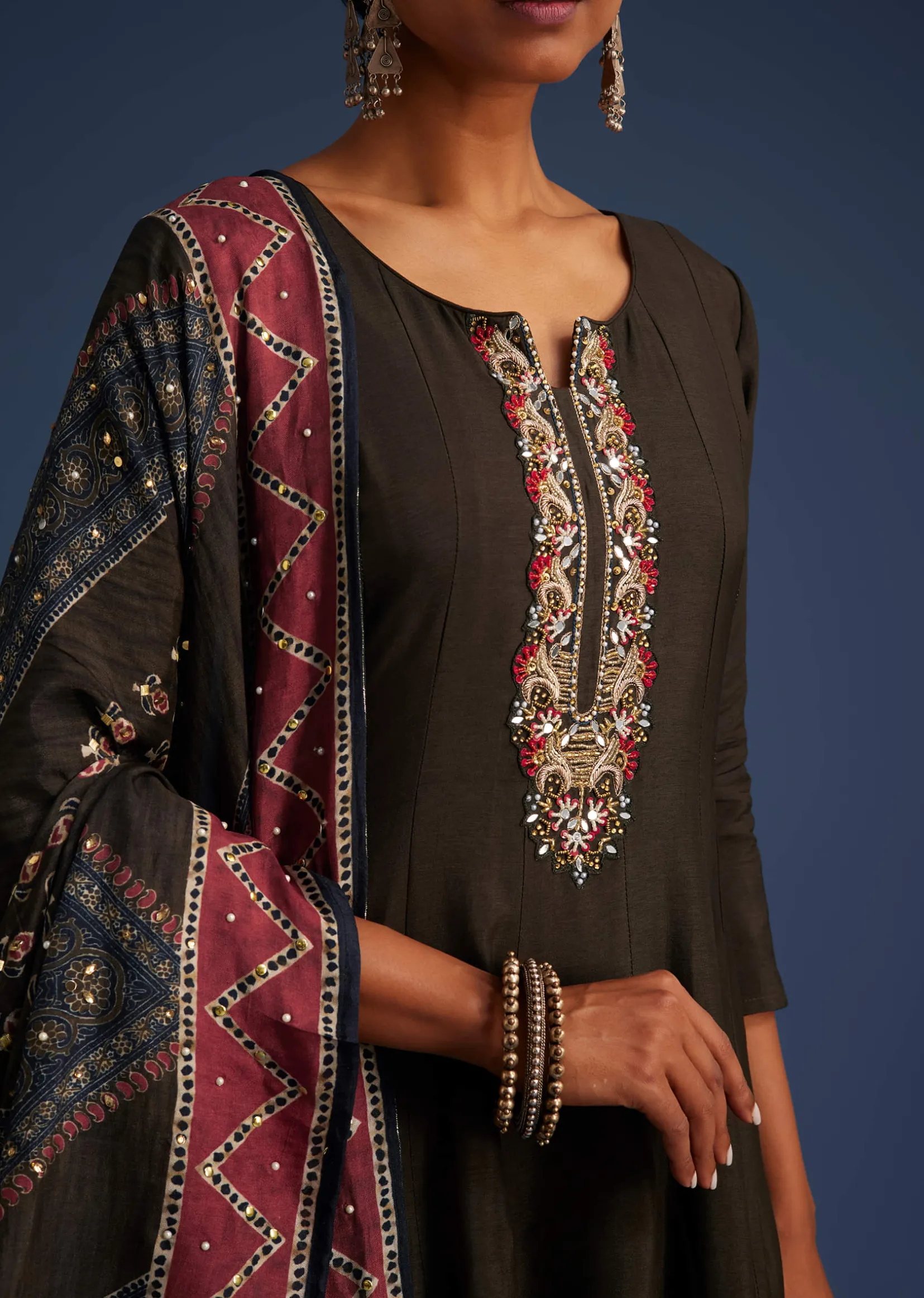 Dark Brown Silk Anarkali Set With Ajrakh Print Dupatta