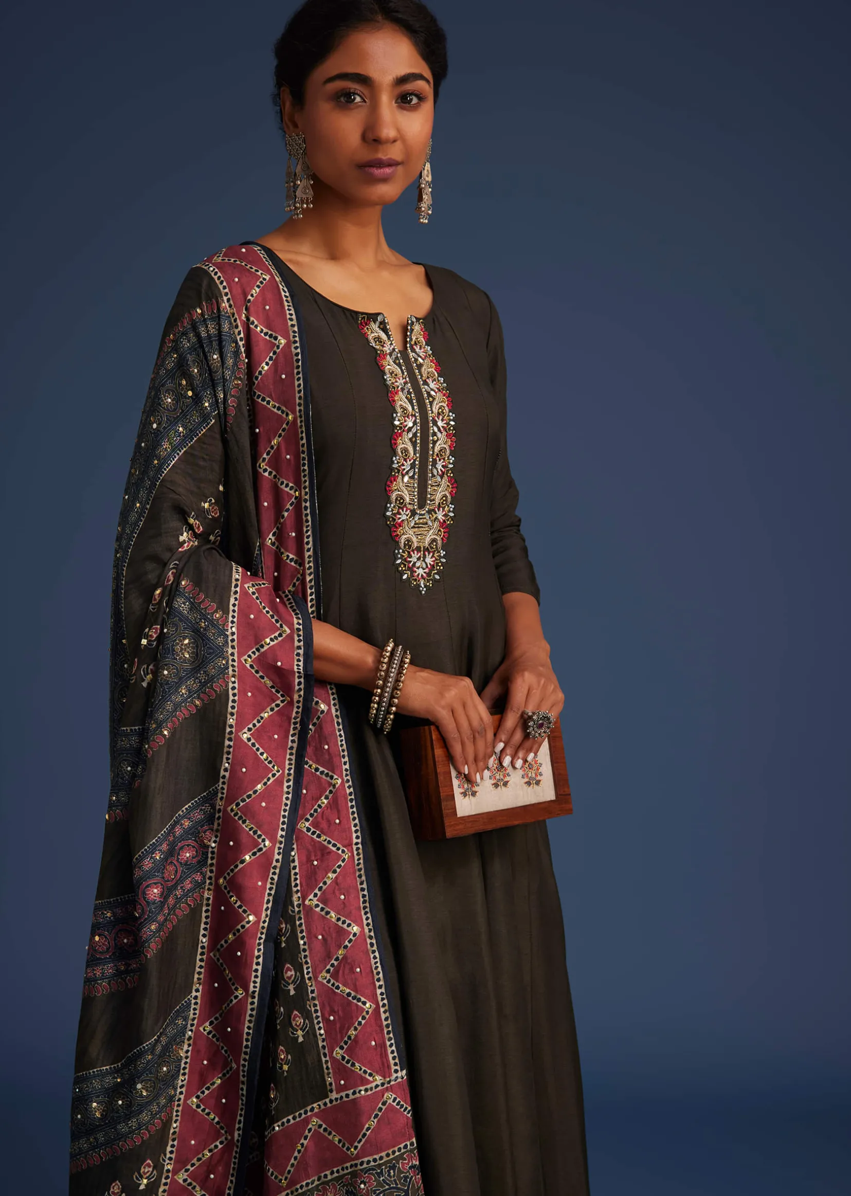 Dark Brown Silk Anarkali Set With Ajrakh Print Dupatta
