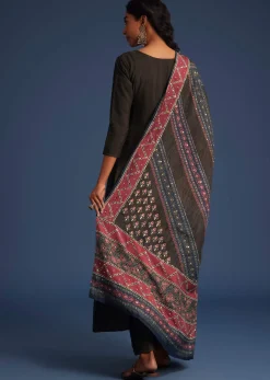 Dark Brown Silk Anarkali Set With Ajrakh Print Dupatta