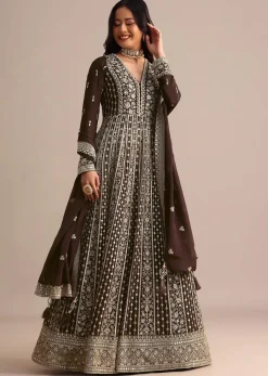Dark Brown Silk Zari Embroidered Anarkali Suit