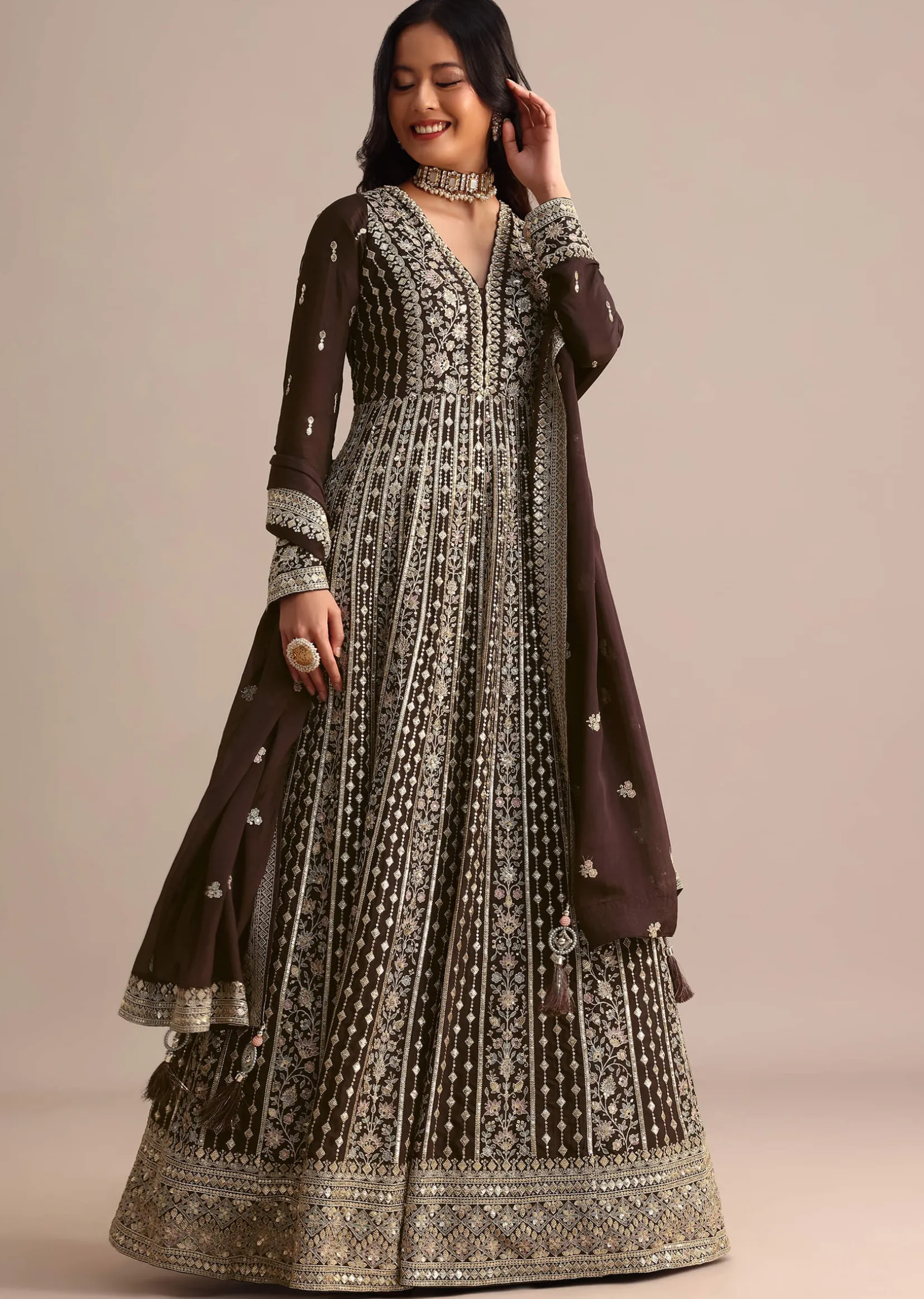 Dark Brown Silk Zari Embroidered Anarkali Suit