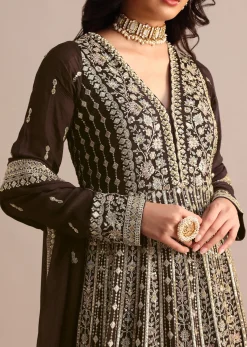 Dark Brown Silk Zari Embroidered Anarkali Suit