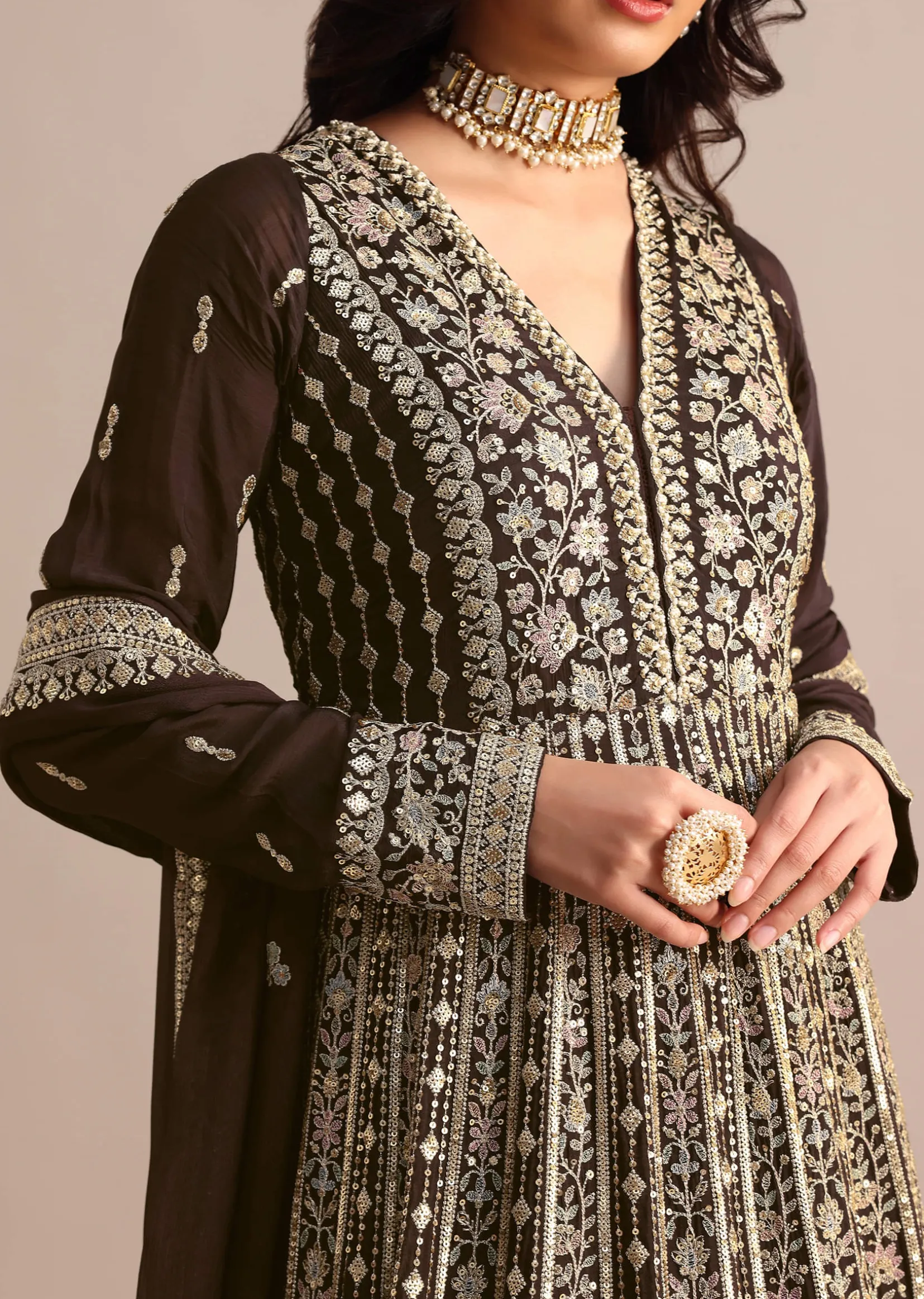 Dark Brown Silk Zari Embroidered Anarkali Suit