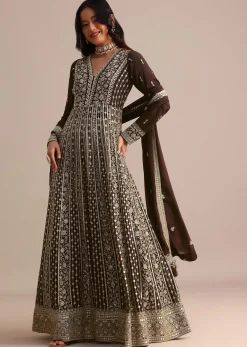 Dark Brown Silk Zari Embroidered Anarkali Suit