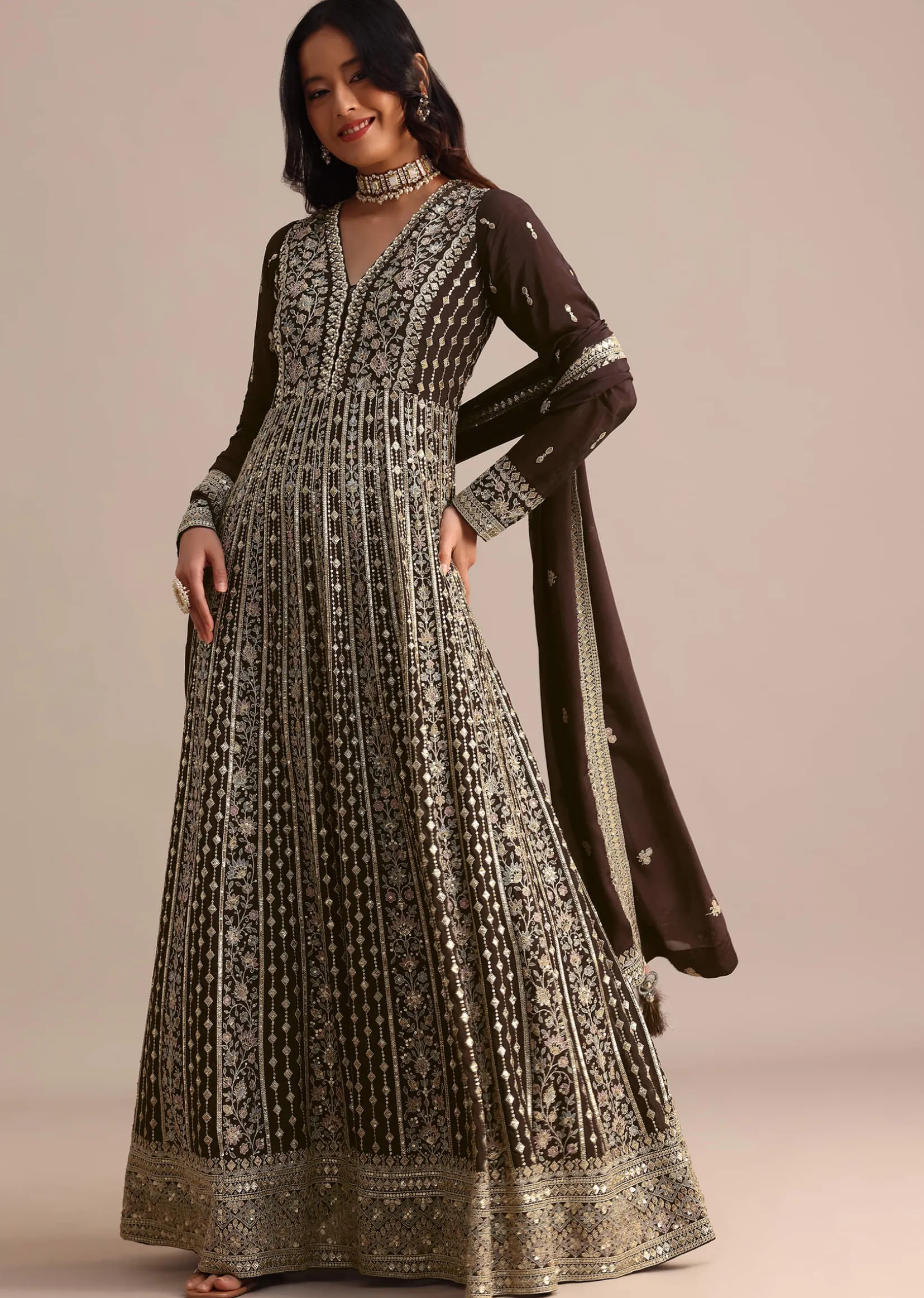 Dark Brown Silk Zari Embroidered Anarkali Suit