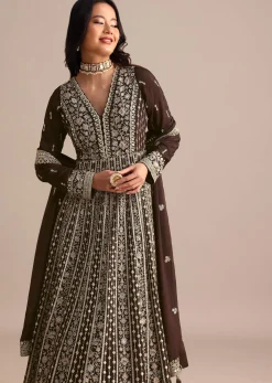 Dark Brown Silk Zari Embroidered Anarkali Suit