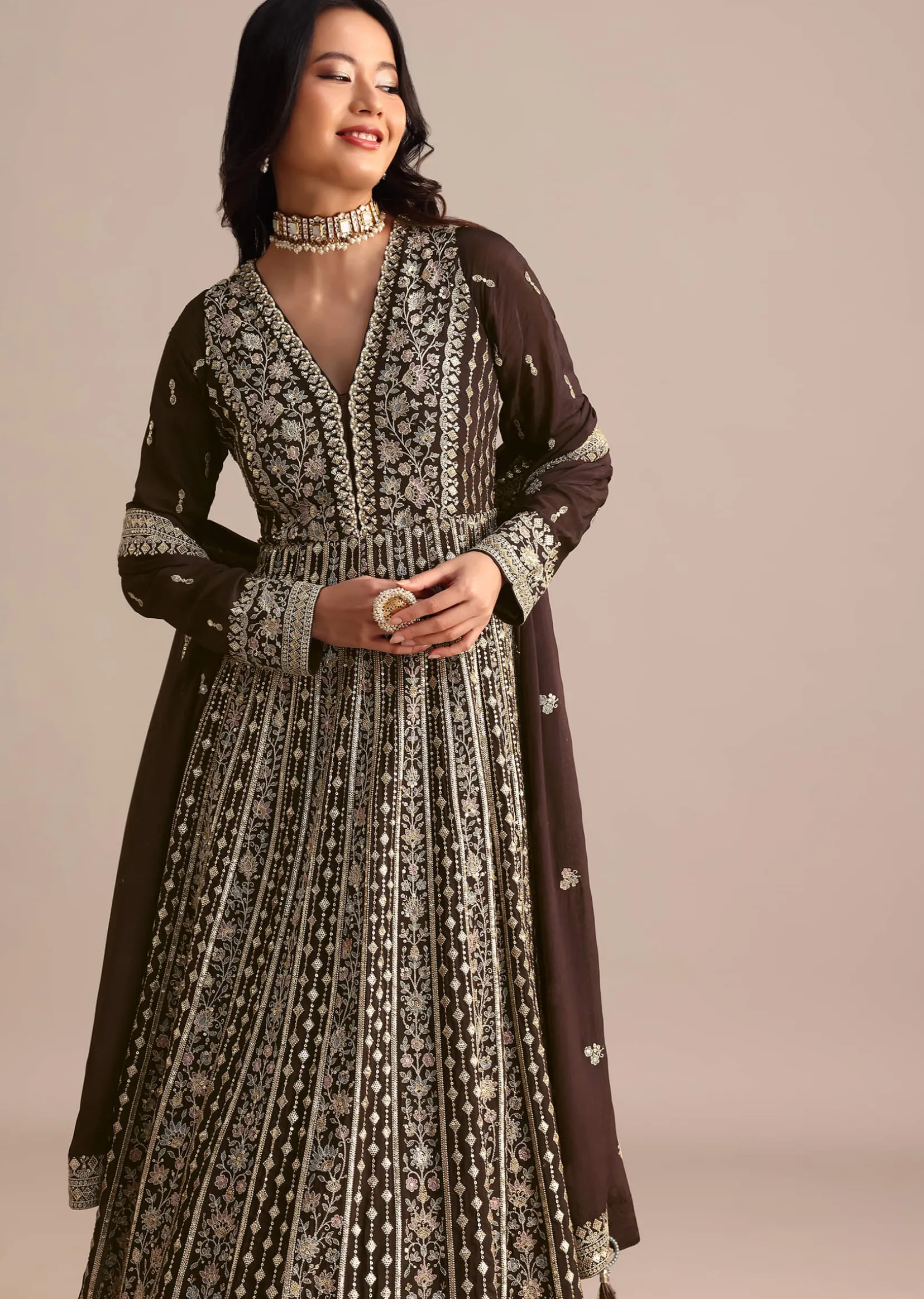 Dark Brown Silk Zari Embroidered Anarkali Suit