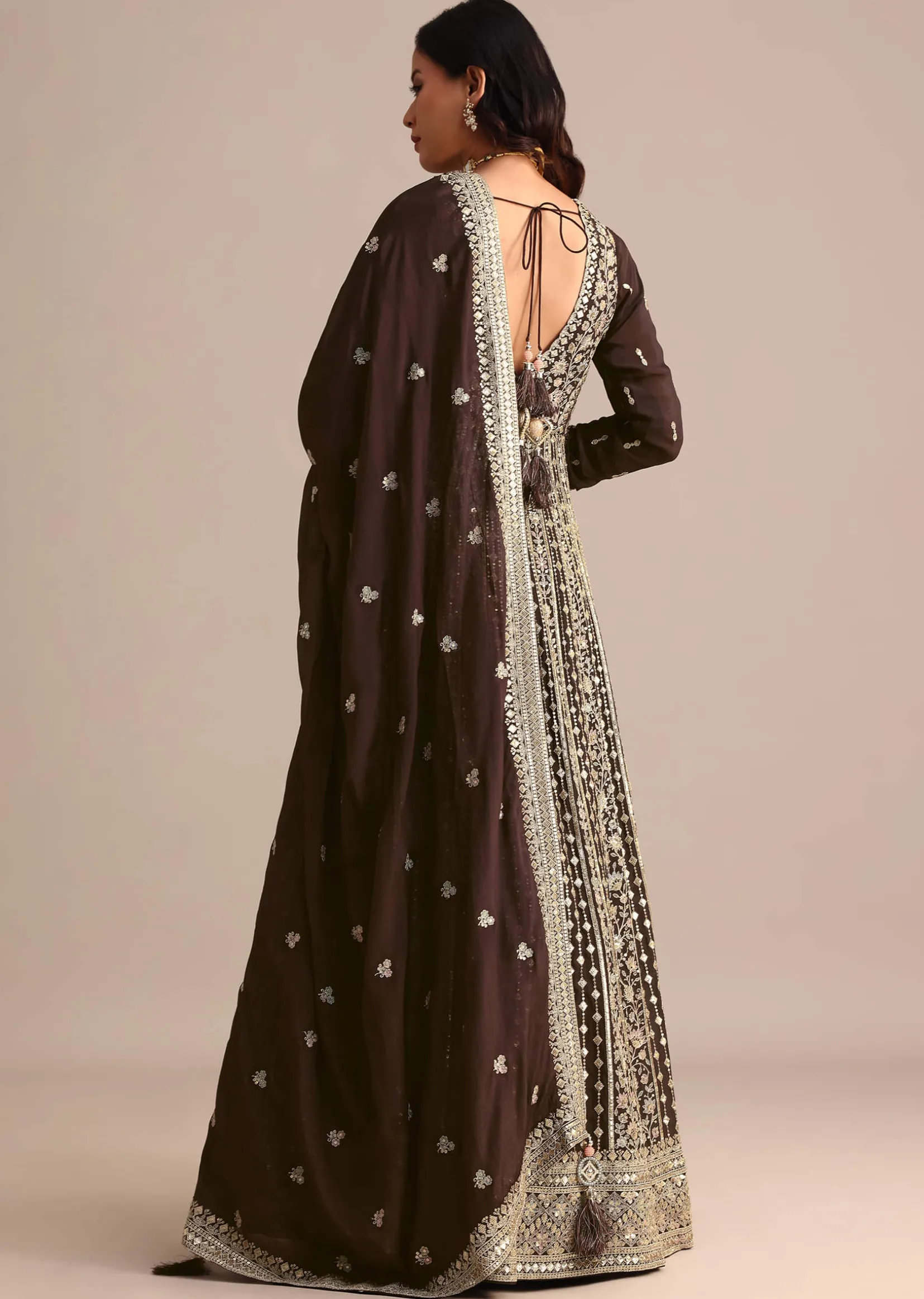 Dark Brown Silk Zari Embroidered Anarkali Suit