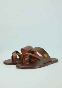Dark Brown Strappy Slides For Men In Leather With Buttons