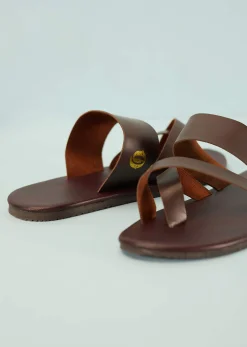 Dark Brown Strappy Slides For Men In Leather With Buttons