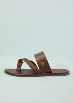 Dark Brown Strappy Slides For Men In Leather With Buttons