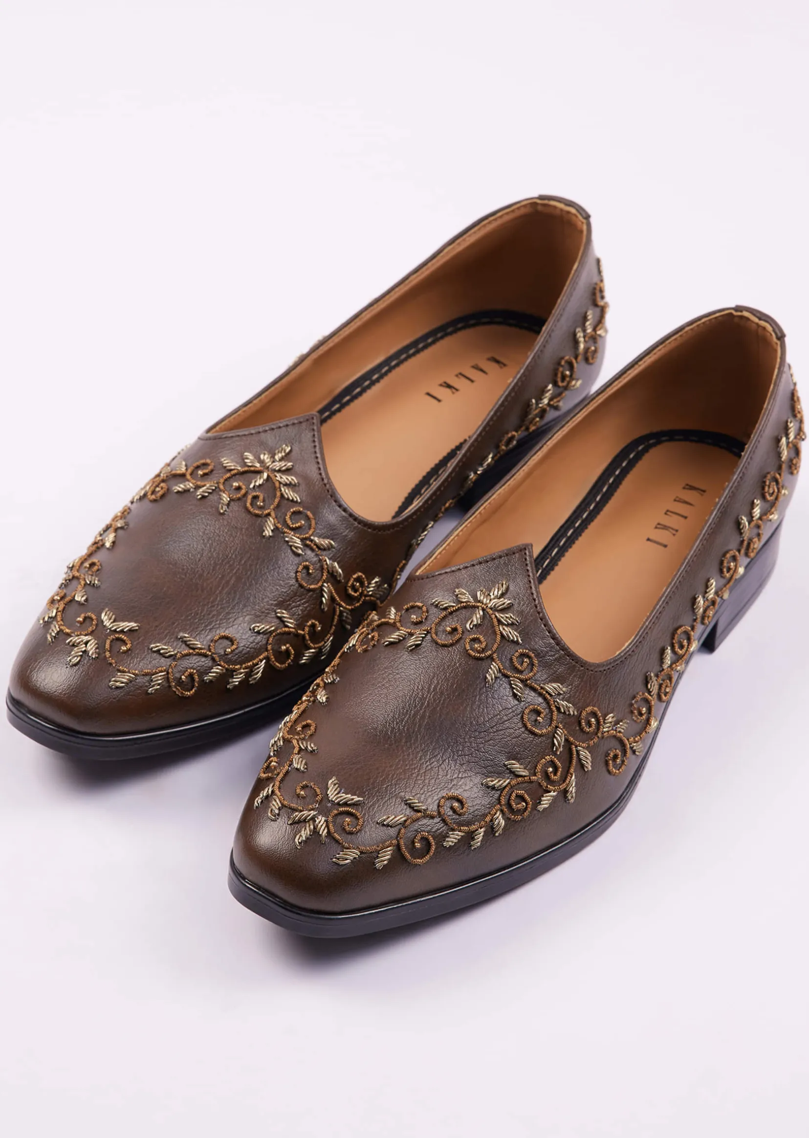 Dark Brown Zardosi Work Juttis For Men