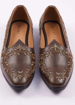Dark Brown Zardosi Work Juttis For Men