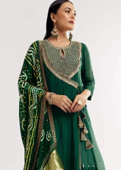 Dark Green Angrakha Kurta Set With Bandhani Dupatta