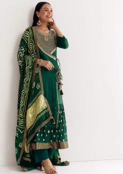 Dark Green Angrakha Kurta Set With Bandhani Dupatta