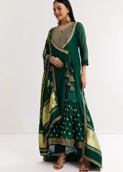 Dark Green Angrakha Kurta Set With Bandhani Dupatta