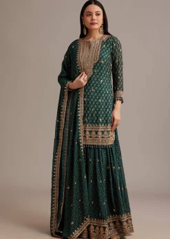 Dark Green Bandhani Kurta Set With Shell Tassel Detailing