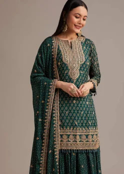 Dark Green Bandhani Kurta Set With Shell Tassel Detailing