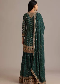 Dark Green Bandhani Kurta Set With Shell Tassel Detailing