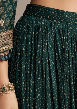 Dark Green Bandhani Kurta Set With Shell Tassel Detailing