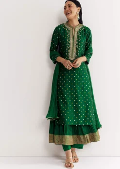Dark Green Bandhani Kurta Set With Dupatta