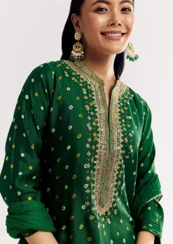 Dark Green Bandhani Kurta Set With Dupatta